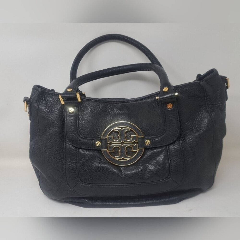 Tory Burch Women's Amanda Black Pebbled Satchel Purse Black Gold